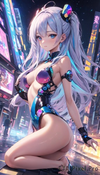 1girl,solo,long hair,breasts,looking at viewer,blush,bangs,blue eyes,hair ornament,gloves,navel,cleavage,bare shoulders,medium breasts,closed mouth,blue hair,ass,ahoge,white hair,sidelocks,thighs,multicolored hair,outdoors,sky,black gloves,shiny,hand up,fingerless gloves,feet,from side,leotard,two side up,legs,shiny skin,bare arms,clothing cutout,bare legs,kneeling,toes,night,headgear,highleg,leg up,sandals,building,revealing clothes,highleg leotard,single glove,reflection,city,center opening,cityscape,blue leotard,large breasts,standing,parted lips,solo focus,black footwear,collar,two-tone hair,dutch angle,covered navel,detached collar,one side up,standing on one leg,night sky,black leotard,arm strap,twisted torso