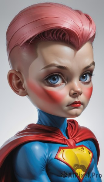 1girl,solo,breasts,looking at viewer,blush,short hair,blue eyes,simple background,white background,closed mouth,upper body,pink hair,small breasts,cape,lips,eyelashes,bodysuit,makeup,facial mark,aged down,lipstick,child,skin tight,realistic,nose,red cape,red lips,female child,facepaint,superhero,serious,blue bodysuit