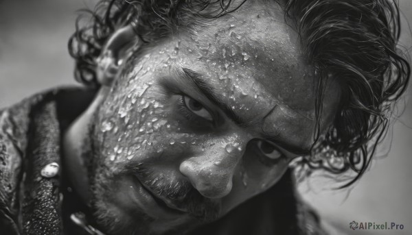 solo,looking at viewer,short hair,1boy,closed mouth,monochrome,greyscale,male focus,blurry,facial hair,messy hair,portrait,beard,close-up,realistic,stubble,scar,mustache