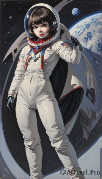 1girl,solo,breasts,looking at viewer,short hair,bangs,brown hair,black hair,gloves,brown eyes,standing,full body,small breasts,black gloves,blunt bangs,lips,helmet,space,planet,earth (planet),spacecraft,spacesuit,space helmet,astronaut,boots,parted lips,makeup,moon,bob cut,lipstick,star (sky),realistic,red lips