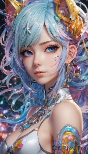 1girl,solo,long hair,breasts,looking at viewer,bangs,blue eyes,hair ornament,animal ears,cleavage,bare shoulders,jewelry,medium breasts,closed mouth,blue hair,upper body,multicolored hair,earrings,necklace,blurry,lips,eyelashes,gradient hair,makeup,swept bangs,headgear,facial mark,gem,pink lips,nose,mascara,pink hair,sidelocks,detached sleeves,shiny,artist name,from side,looking to the side,detached collar,feathers,portrait,light particles,close-up