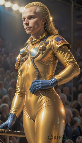 1girl,long hair,breasts,looking at viewer,blue eyes,blonde hair,gloves,brown eyes,standing,cowboy shot,small breasts,parted lips,solo focus,shiny,blurry,lips,hand on hip,bodysuit,blurry background,goggles,skin tight,shiny clothes,realistic,nose,blue gloves,latex,harness,crowd,yellow bodysuit,solo,1boy,male focus,science fiction