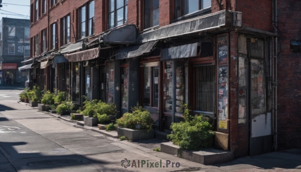 outdoors,day,tree,no humans,window,shadow,plant,ground vehicle,building,scenery,motor vehicle,city,sign,door,car,potted plant,road,bush,cityscape,lamppost,street,utility pole,shop,trash can,air conditioner,pavement,sidewalk,sky,blue sky,power lines