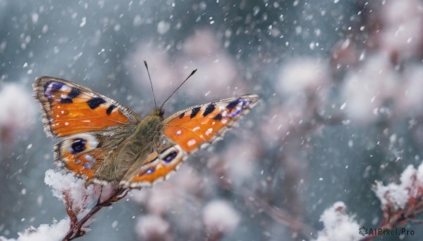 outdoors, wings, sky, blurry, no humans, depth of field, animal, bug, butterfly, snow, flying, snowing, realistic, branch