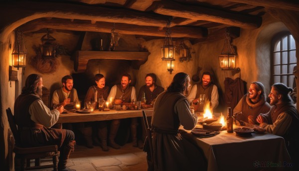 1girl,smile,open mouth,multiple girls,black hair,long sleeves,hat,sitting,closed eyes,weapon,boots,food,multiple boys,sword,indoors,hood,vest,cup,window,facial hair,chair,table,bottle,fire,knife,beard,plate,alcohol,6+boys,lantern,fantasy,mustache,candle,candlelight,short hair,tunic,barrel,chandelier,tablecloth