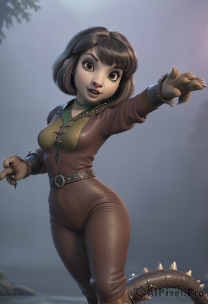 1girl,solo,breasts,looking at viewer,smile,short hair,open mouth,bangs,brown hair,gloves,brown eyes,medium breasts,standing,tail,boots,parted lips,teeth,choker,belt,artist name,blurry,lips,bodysuit,makeup,bob cut,knee boots,lipstick,monster girl,claws,spikes,leather,black hair,pants,watermark,web address,brown gloves,realistic,nose,red lips,brown pants,studded collar