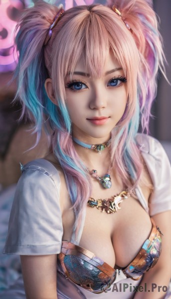 1girl,solo,long hair,breasts,looking at viewer,smile,bangs,blue eyes,blonde hair,large breasts,shirt,hair ornament,cleavage,twintails,jewelry,medium breasts,closed mouth,underwear,blue hair,white shirt,upper body,pink hair,short sleeves,sidelocks,multicolored hair,choker,necklace,bra,blurry,two-tone hair,lips,eyelashes,makeup,depth of field,blurry background,pendant,realistic,nose,mascara,swimsuit,bikini,open clothes,artist name,bed,gradient hair,watermark,lipstick,gem,pink lips