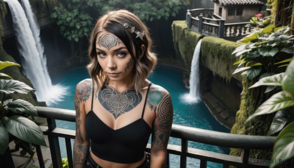 1girl,solo,breasts,looking at viewer,smile,short hair,blue eyes,blonde hair,brown hair,black hair,hair ornament,cleavage,bare shoulders,medium breasts,upper body,flower,multicolored hair,small breasts,midriff,water,two-tone hair,tree,lips,tattoo,headband,tank top,plant,camisole,realistic,nose,railing,spaghetti strap,facial tattoo,bridge,waterfall,fountain,jewelry,earrings,outdoors,belt,makeup,leaf,piercing,nature,scenery