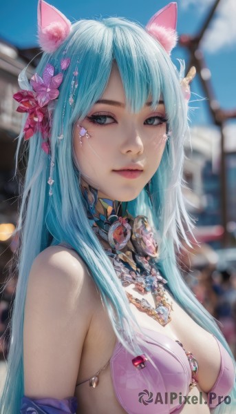 1girl,solo,long hair,breasts,looking at viewer,bangs,blue eyes,hair ornament,animal ears,cleavage,bare shoulders,jewelry,medium breasts,closed mouth,blue hair,swimsuit,upper body,flower,bikini,outdoors,detached sleeves,sky,day,cat ears,hair flower,necklace,bra,blurry,blue sky,lips,animal ear fluff,looking to the side,aqua hair,depth of field,blurry background,gem,bikini top only,pink flower,realistic,pink bra,pink bikini,artist name,facial mark