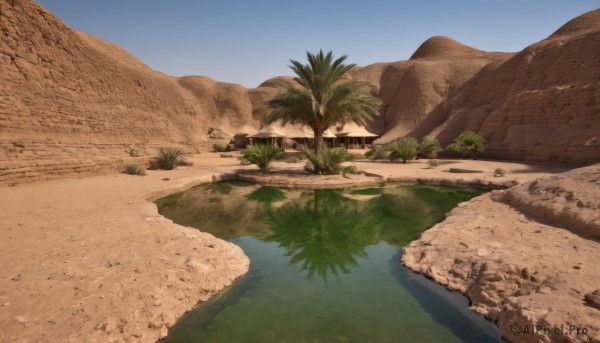 outdoors,sky,day,water,tree,blue sky,no humans,beach,grass,building,nature,scenery,rock,mountain,sand,palm tree,road,river,landscape,shore,desert,plant,reflection,bush,house,lake