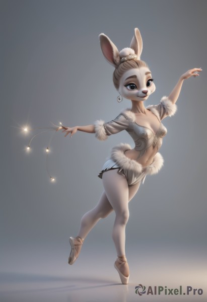 1girl,solo,breasts,looking at viewer,smile,blue eyes,navel,animal ears,cleavage,jewelry,medium breasts,standing,collarbone,tail,full body,pantyhose,earrings,small breasts,hair bun,rabbit ears,arm up,leotard,fur trim,happy,single hair bun,outstretched arms,rabbit tail,furry,white pantyhose,rabbit girl,furry female,wand,dancing,body fur,tiptoes,white fur,animal nose,brown fur,buck teeth,ballerina,ballet slippers,ballet,open mouth,skirt,simple background,hair ornament,holding,short sleeves,teeth,midriff,artist name,miniskirt,grey background,stomach,legs,sparkle,watermark,standing on one leg,reflection,hoop earrings