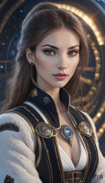 1girl,solo,long hair,breasts,looking at viewer,brown hair,cleavage,brown eyes,jewelry,medium breasts,closed mouth,upper body,earrings,necklace,vest,lips,fur trim,eyelashes,makeup,brooch,gem,eyeshadow,freckles,realistic,nose,blurry,lipstick,forehead,eyeliner,mascara