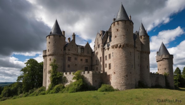 outdoors,sky,day,cloud,water,tree,blue sky,no humans,cloudy sky,grass,building,nature,scenery,forest,castle,tower,landscape,mountain,fantasy,horizon,path