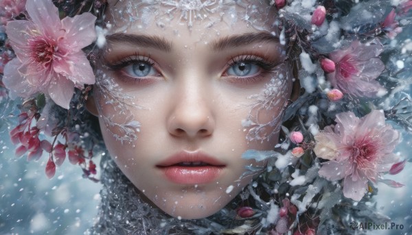 1girl, solo, looking at viewer, blue eyes, hair ornament, flower, parted lips, hair flower, lips, eyelashes, makeup, portrait, snow, close-up, snowing, realistic, nose, snowflakes