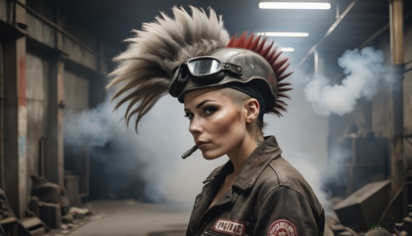 1girl,solo,looking at viewer,blonde hair,1boy,jewelry,jacket,upper body,male focus,red hair,earrings,outdoors,blurry,black eyes,from side,lips,blurry background,mouth hold,helmet,feathers,goggles,ear piercing,smoke,goggles on head,cigarette,realistic,nose,smoking,stud earrings,leather,dirty,leather jacket,mohawk,dirty face,dust,short hair,black hair,hat,piercing,portrait,name tag,goggles on headwear