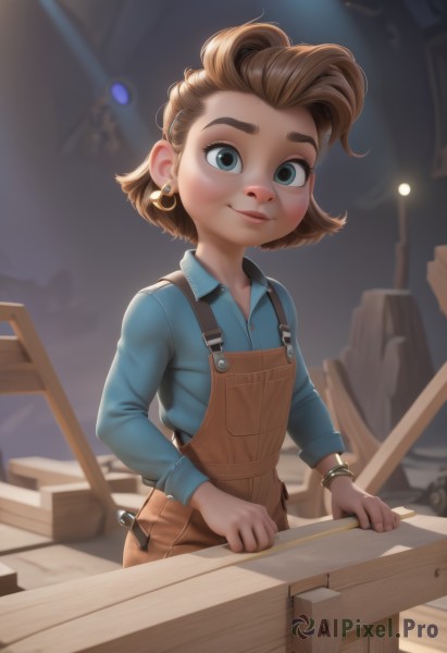 1girl,solo,looking at viewer,smile,short hair,blue eyes,brown hair,shirt,hair ornament,long sleeves,jewelry,closed mouth,standing,earrings,outdoors,collared shirt,artist name,blurry,flat chest,bracelet,lips,night,blurry background,thick eyebrows,blue shirt,child,female child,overalls,blue overalls,aged down,nose