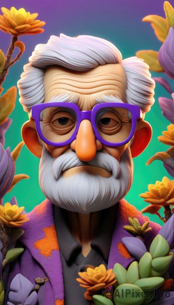 solo,looking at viewer,shirt,1boy,closed mouth,jacket,upper body,flower,white hair,grey hair,male focus,glasses,collared shirt,black eyes,gradient,black shirt,gradient background,facial hair,floral print,portrait,beard,yellow flower,mustache,purple flower,purple jacket,old,old man,wrinkled skin,simple background,purple shirt