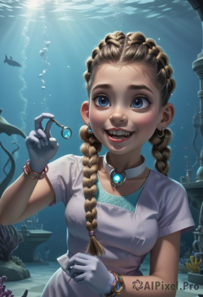 1girl,solo,long hair,breasts,blush,smile,open mouth,blue eyes,blonde hair,brown hair,gloves,dress,holding,jewelry,medium breasts,upper body,braid,short sleeves,earrings,teeth,choker,artist name,white gloves,water,twin braids,bracelet,lips,eyelashes,makeup,sunlight,sharp teeth,lipstick,gem,freckles,fish,bubble,watch,light rays,underwater,nose,wristwatch,air bubble,coral,aquarium,clownfish,looking at viewer,shirt,collarbone,white shirt,necklace,white dress,grin,thick eyebrows,hair over shoulder,backlighting,realistic