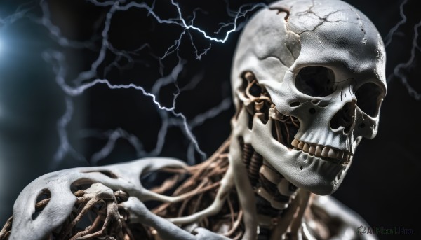 solo,1boy,male focus,teeth,blurry,no humans,blurry background,portrait,1other,skull,monster,skeleton,bone,lightning,realistic,electricity,alien