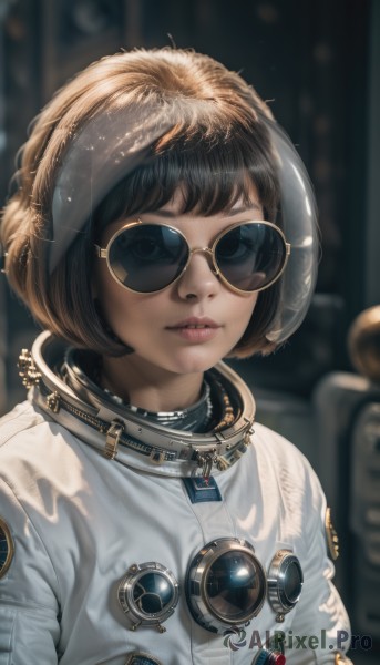 1girl,solo,looking at viewer,short hair,bangs,brown hair,black hair,upper body,parted lips,glasses,artist name,blurry,black eyes,lips,depth of field,blurry background,sunglasses,bob cut,goggles,realistic,nose,round eyewear,spacesuit,space helmet,aviator sunglasses,astronaut,headgear,watermark,science fiction,space,yellow-framed eyewear