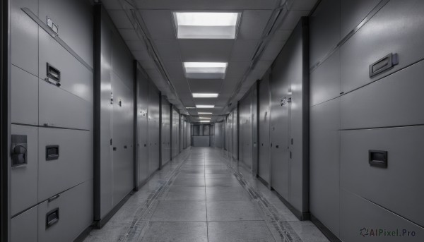 monochrome,greyscale,indoors,no humans,window,scenery,door,tiles,tile floor,locker,school,floor,ceiling,hallway,locker room,ceiling light,horror (theme)