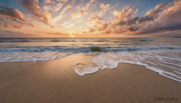 outdoors, sky, cloud, water, no humans, ocean, beach, cloudy sky, scenery, sunset, sand, horizon, waves, shore