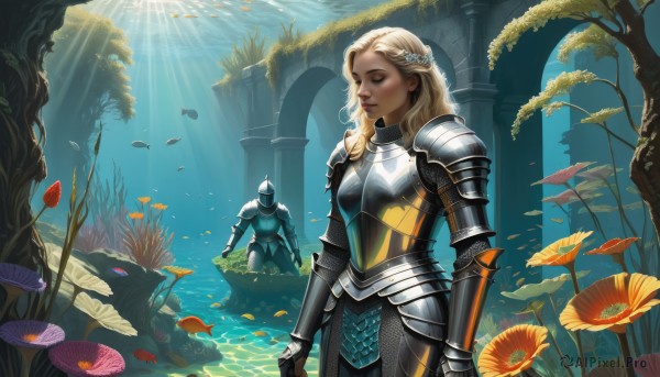 1girl,long hair,blonde hair,hair ornament,1boy,standing,closed eyes,braid,solo focus,water,armor,tree,lips,sunlight,helmet,shoulder armor,gauntlets,web address,fish,pauldrons,light rays,breastplate,underwater,realistic,nose,fantasy,arms at sides,sunbeam,mushroom,faulds,knight,full armor,lily pad,turtle,chainmail,plate armor,aquarium,seaweed,weapon,flower,day,sword,petals,watermark,plant,nature,vambraces,pillar,statue,moss,coral,column