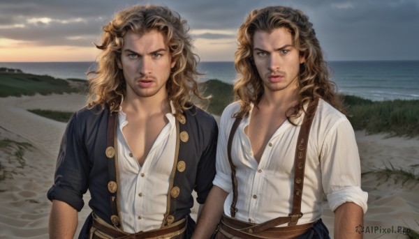 long hair,looking at viewer,blue eyes,blonde hair,brown hair,shirt,1boy,brown eyes,white shirt,upper body,male focus,outdoors,parted lips,multiple boys,open clothes,sky,collared shirt,belt,cloud,2boys,water,lips,buttons,facial hair,siblings,ocean,wavy hair,beach,suspenders,cloudy sky,beard,sleeves rolled up,curly hair,twins,mountain,realistic,brother and sister,horizon,partially unbuttoned,brothers,chest hair,open shirt,grass,sunset,stubble,unbuttoned