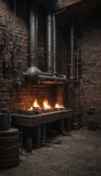 indoors,no humans,chair,table,fire,scenery,candle,wall,brick wall,torch,barrel,candlestand,wooden table,fireplace,crate,wood,brick,sitting,chain,stove