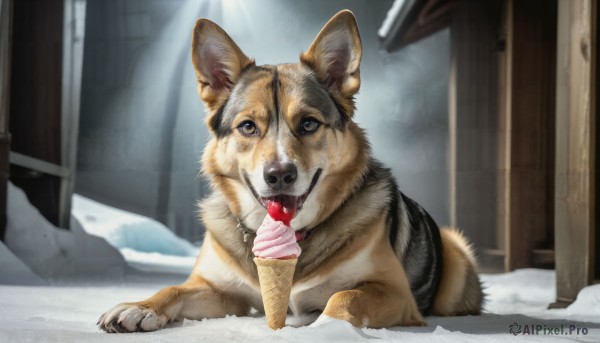 HQ,solo,looking at viewer,outdoors,food,day,tongue,tongue out,blurry,no humans,animal,eating,licking,snow,dog,realistic,ice cream,animal focus,ice cream cone,full body,fangs