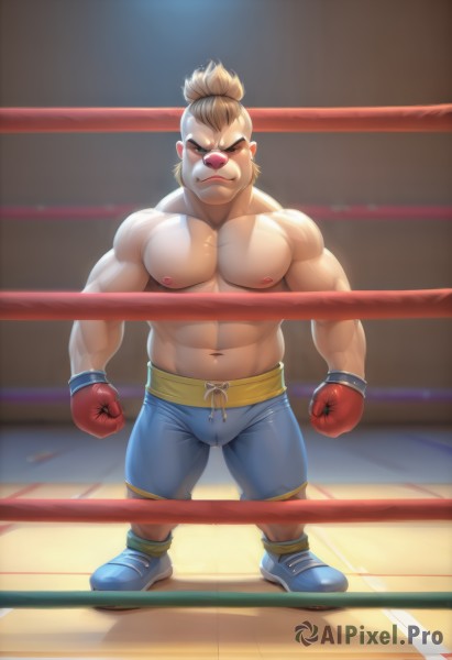 solo,looking at viewer,short hair,blonde hair,brown hair,gloves,1boy,navel,brown eyes,nipples,standing,full body,male focus,shoes,shorts,muscular,abs,thick eyebrows,pectorals,muscular male,bara,clenched hands,large pectorals,blue shorts,topless male,blue footwear,wrestling outfit,boxing gloves,wrestling ring,stomach,black eyes,furry,bulge,furry male