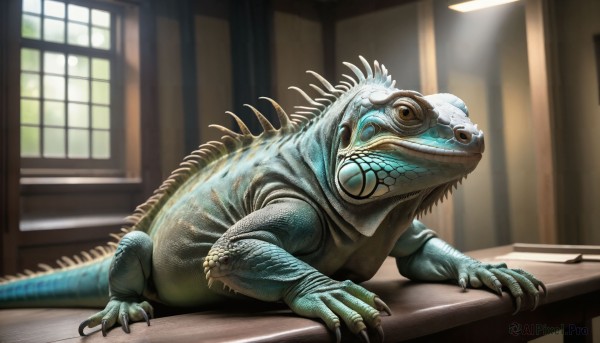 HQ,solo,tail,full body,teeth,indoors,blurry,no humans,window,blurry background,table,sharp teeth,claws,monster,realistic,alien,dinosaur,kaijuu,brown eyes,pokemon (creature),colored skin,blue skin,scales