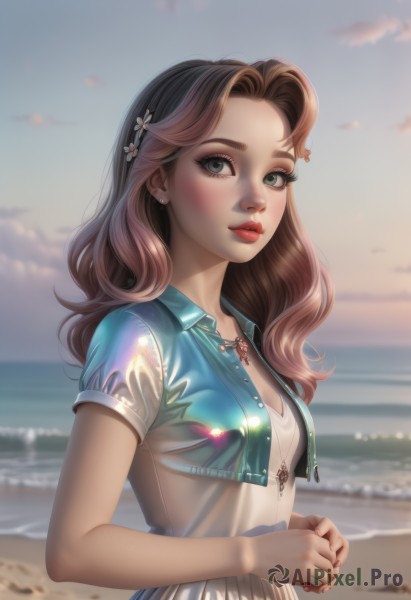 1girl,solo,long hair,breasts,looking at viewer,blush,brown hair,shirt,hair ornament,dress,cleavage,jewelry,green eyes,jacket,upper body,flower,short sleeves,multicolored hair,earrings,small breasts,outdoors,parted lips,open clothes,sky,day,artist name,cloud,hair flower,water,necklace,nail polish,white dress,blurry,open jacket,lips,see-through,eyelashes,makeup,depth of field,blurry background,ocean,wavy hair,beach,piercing,own hands together,lipstick,freckles,cropped jacket,sunset,nose,sand,red lips,mascara,denim jacket,black hair,medium breasts,hairclip,watermark