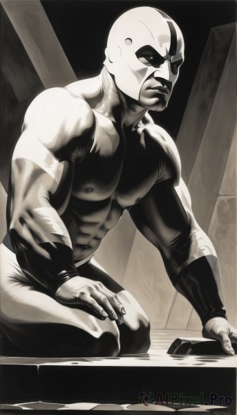 solo,1boy,sitting,closed mouth,nipples,monochrome,greyscale,male focus,bodysuit,muscular,abs,pectorals,muscular male,seiza,veins,topless male,serious,bald,manly,board game,navel,mask,table,realistic,checkered floor,superhero,statue