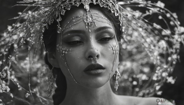 1girl,solo,long hair,looking at viewer,hair ornament,jewelry,closed mouth,monochrome,greyscale,earrings,parted lips,blurry,lips,eyelashes,makeup,gem,portrait,freckles,realistic,nose,veil,head chain