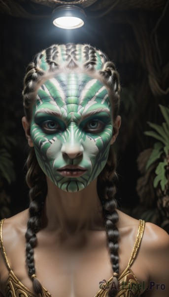 1girl,solo,long hair,breasts,looking at viewer,blue eyes,black hair,bare shoulders,jewelry,closed mouth,collarbone,upper body,braid,dark skin,necklace,twin braids,dark-skinned female,lips,makeup,mask,facial mark,plant,portrait,hair over shoulder,realistic,nose,facepaint,bodypaint,tribal,cleavage,medium breasts,nude,gold,dreadlocks