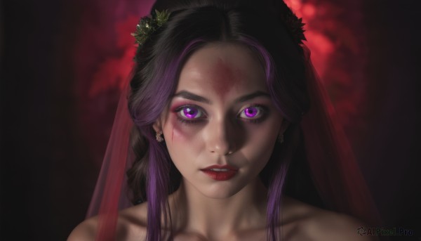 1girl,solo,long hair,looking at viewer,black hair,hair ornament,bare shoulders,jewelry,purple eyes,collarbone,purple hair,braid,flower,multicolored hair,earrings,parted lips,teeth,hair flower,blurry,two-tone hair,lips,eyelashes,blood,makeup,lipstick,portrait,veil,forehead,eyeshadow,injury,red lips,bridal veil,blurry background,black background,red background,close-up,freckles,blood on face,realistic,nose,dark background,mascara