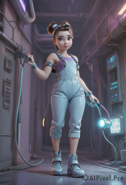 1girl,solo,looking at viewer,smile,short hair,brown hair,hair ornament,holding,bare shoulders,brown eyes,jewelry,standing,full body,small breasts,boots,shoes,indoors,bag,hair bun,nail polish,black eyes,flat chest,bracelet,lips,double bun,backpack,suspenders,sneakers,science fiction,overalls,cable,wire,breasts,pants,tank top,aged down,child,armband,female child