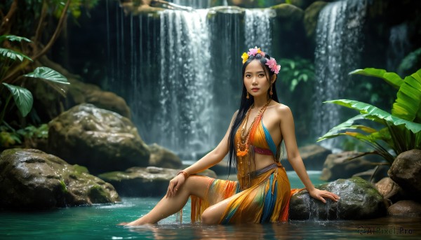 HQ,1girl,solo,long hair,breasts,looking at viewer,smile,black hair,hair ornament,dress,cleavage,bare shoulders,brown eyes,jewelry,medium breasts,sitting,flower,earrings,outdoors,parted lips,barefoot,sleeveless,day,hair flower,water,necklace,blurry,bracelet,tree,lips,wet,depth of field,arm support,leaf,sunlight,plant,nature,scenery,forest,knee up,rock,realistic,head wreath,hand on own knee,soaking feet,waterfall,moss,brown hair,collarbone,bare arms,bare legs,makeup,lipstick,pink flower,red lips,bangle,river