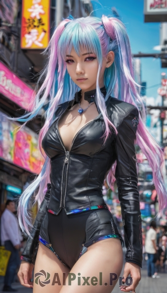 1girl,solo,long hair,breasts,looking at viewer,smile,bangs,long sleeves,cleavage,twintails,jewelry,medium breasts,closed mouth,blue hair,standing,purple eyes,jacket,pink hair,pantyhose,thighs,multicolored hair,cowboy shot,outdoors,shorts,solo focus,day,shiny,necklace,nail polish,blurry,two-tone hair,leotard,two side up,lips,black jacket,fingernails,makeup,blurry background,black leotard,zipper,shiny clothes,realistic,arms at sides,zipper pull tab,leather,partially unzipped,purple hair,choker,artist name,signature,collar,shiny skin,watermark,web address,city