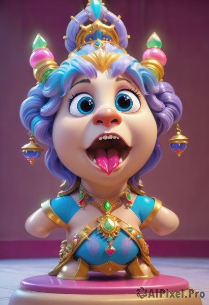 1girl,solo,breasts,looking at viewer,smile,short hair,open mouth,blue eyes,hair ornament,jewelry,blue hair,standing,full body,purple hair,short sleeves,multicolored hair,teeth,tongue,tongue out,necklace,two-tone hair,eyelashes,makeup,upper teeth only,arms behind back,gem,blue gemstone,buck teeth,uvula,blonde hair,artist name,hair bun,fangs,single hair bun