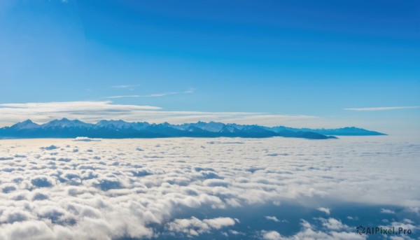 monochrome,outdoors,sky,day,cloud,blue sky,no humans,cloudy sky,nature,scenery,blue theme,mountain,horizon,landscape,mountainous horizon,above clouds,ocean