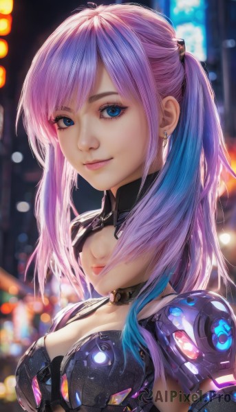 1girl,solo,long hair,breasts,looking at viewer,smile,bangs,blue eyes,cleavage,twintails,jewelry,medium breasts,closed mouth,blue hair,upper body,pink hair,purple hair,multicolored hair,earrings,choker,armor,blurry,two-tone hair,lips,streaked hair,eyelashes,makeup,blurry background,shoulder armor,science fiction,nose,mascara,cyberpunk,sidelocks,artist name,collar,from side,gradient hair,night,depth of field,lipstick,eyeshadow,pink lips,realistic,android,eyeliner,cyborg,bokeh