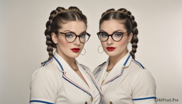 long hair,looking at viewer,smile,blue eyes,multiple girls,simple background,brown hair,shirt,black hair,hair ornament,white background,2girls,jewelry,closed mouth,jacket,white shirt,upper body,braid,multicolored hair,earrings,parted lips,glasses,collared shirt,grey background,necklace,twin braids,lips,gradient,grey eyes,gradient background,makeup,buttons,siblings,white jacket,lipstick,sisters,eyeshadow,black-framed eyewear,twins,hoop earrings,realistic,round eyewear,red lips,breasts,hair bun,dual persona,clone