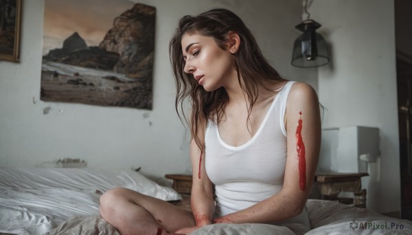 1girl,solo,long hair,breasts,brown hair,shirt,black hair,cleavage,medium breasts,sitting,collarbone,closed eyes,parted lips,sleeveless,indoors,lips,pillow,blood,bed,on bed,tank top,messy hair,realistic,lamp,photo (object),bedroom,white tank top,painting (object),bare shoulders,tattoo,profile,freckles,blood on arm,grey tank top