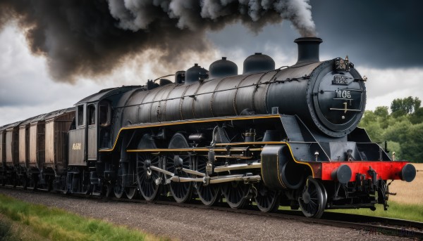 weapon,outdoors,sky,day,cloud,tree,gun,military,no humans,grass,fire,ground vehicle,motor vehicle,smoke,cannon,military vehicle,tank,vehicle focus,machine gun,caterpillar tracks,world war ii,multiple boys,cloudy sky,turret,train,wheel