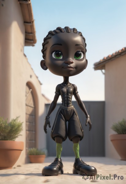 1girl,solo,looking at viewer,smile,1boy,green eyes,standing,full body,male focus,outdoors,sky,shoes,shorts,day,dark skin,black footwear,blurry,blue sky,colored skin,plant,building,potted plant,argyle legwear,very dark skin,black skin,dreadlocks,cactus,short hair,brown hair,jewelry,parted lips,necklace,bracelet,dark-skinned female,depth of field,blurry background,furry,armlet,furry female,facepaint,mohawk,tribal