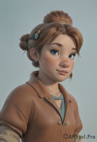 1girl,solo,looking at viewer,smile,short hair,blue eyes,simple background,brown hair,shirt,hair ornament,jewelry,closed mouth,jacket,upper body,earrings,grey background,hair bun,lips,buttons,blue background,single hair bun,freckles,realistic,nose,stud earrings,blush,bangs,hairclip,artist name,coat,gradient,gradient background,eyelashes,makeup,thick eyebrows,blue shirt,web address,brown jacket,brown coat,updo,aqua shirt