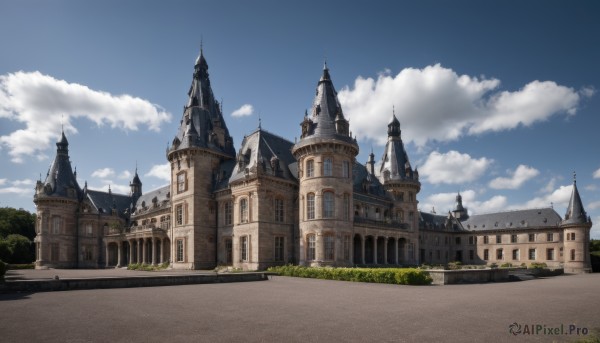 outdoors,sky,day,cloud,tree,blue sky,no humans,window,cloudy sky,grass,building,scenery,fantasy,road,architecture,house,castle,tower,path,church,bush,bridge,arch