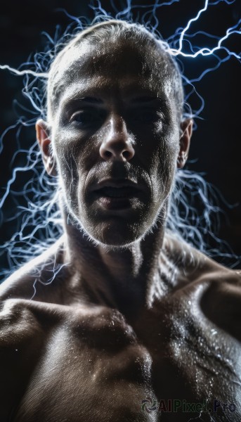 solo,looking at viewer,blue eyes,1boy,closed mouth,collarbone,upper body,white hair,male focus,muscular,facial hair,black background,portrait,realistic,electricity,manly,lightning,short hair,nude,pectorals,muscular male,bara,beard,veins,topless male,mature male,chest hair